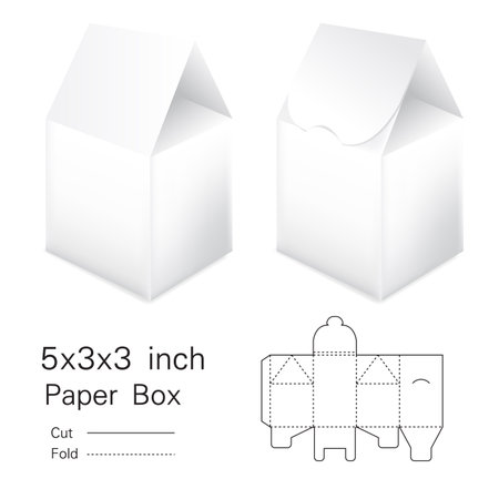 Clear Folding Carton Box with diecut for Design, Detail, Banner, Background. White Handle Package Template isolated on white and black. Retail pack with dieline for your brand.のイラスト素材