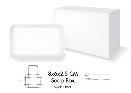 Clear Folding Carton Box for soap product open top side with diecut for Design, Detail, Banner, Background. White Handle Package Template isolated on white and black.のイラスト素材