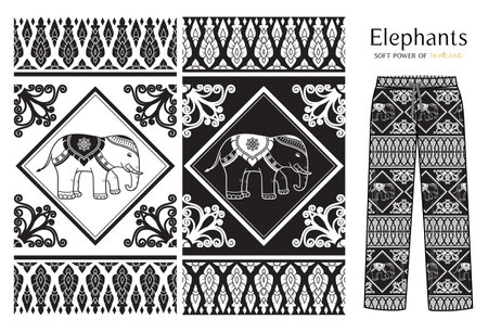 Elephant pants Thai Sytle, Line Thai, Lanna with mockup pant.のイラスト素材