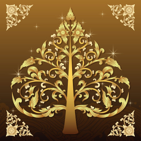 Mahabudhi Tree, Budhi Tree, Bo Tree is line art thai lanna style with gold color.のイラスト素材