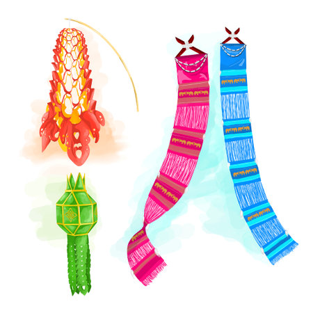 Lantern and Tung or a Lanna flag is a folk belief of northern Thailand. Watercolor Hand Drawingのイラスト素材