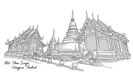 Wat Phra Singh, Chiangmai, Thailand. Hand drawing outline.のイラスト素材