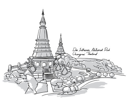 Doi Inthanon National Park, Chiangmai, Thailand. Hand drawing outline.のイラスト素材