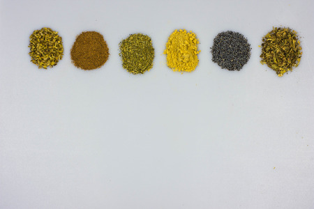 Herbal tea ingredients - fennel seeds, cinnamon, mallow, ginger, poppy seeds, lemon balmの写真素材