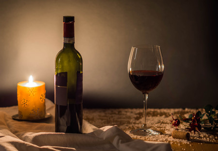 Christmas wine and fire greetings cardの写真素材