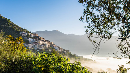 Alvito, Ciociaria in a foggy sunriseの写真素材