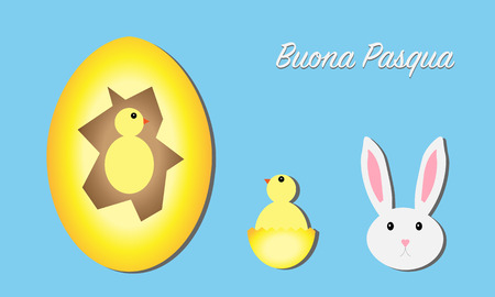 Happy Easter greeting card, egg, chicks and rabbit, Italian versionのイラスト素材