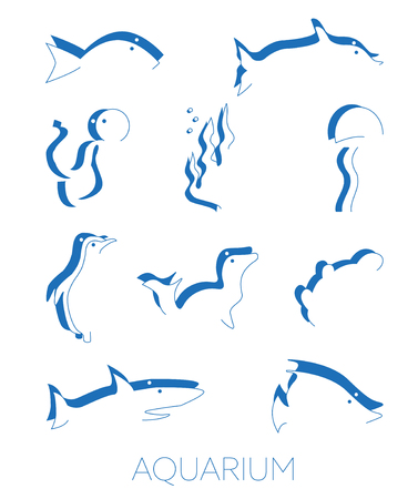 Aquarium minimal vector illustration, drawing blue monochrome, negative positive silhouetteのイラスト素材