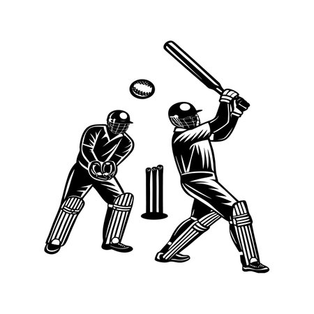 Cricket player batsman batting with ball vintage monochrome vector illustration.