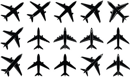 A set of fifteen black silhouettes depicting various airplane designs seen from a top-down perspective.のイラスト素材