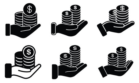Black and white icons showing hands holding varying stacks of coinsのイラスト素材