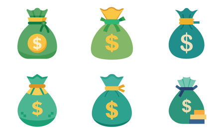 Six stylized money bags in various colors and designsのイラスト素材