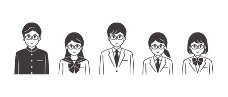 Upper body cut of 5 middle and high school boys and girls in school uniform with glasses, black and white vector illustration.のイラスト素材