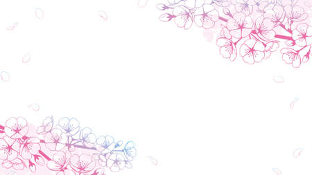 Background illustration material of cherry blossom branches and petals, pink and blue gradation color.のイラスト素材