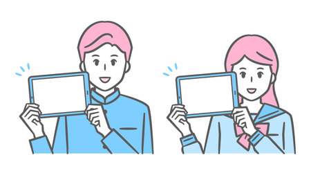 Iras school run and sailor suit for middle and high school students showing tabletsのイラスト素材