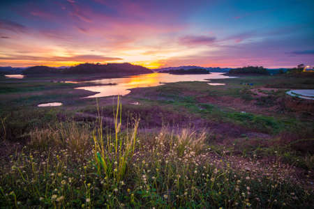 cloudy twilight over the lakeの写真素材