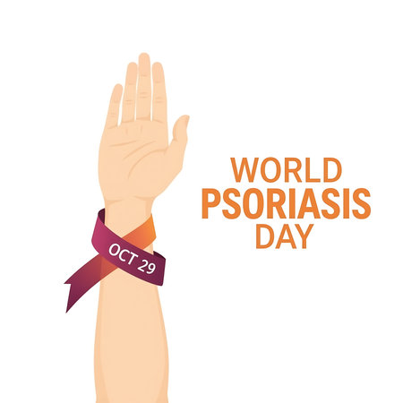 A raised arm with a purple and orange ribbon tied around the wrist, symbolizing support and awareness for World Psoriasis Day on October 29th, promoting understanding and hope.の素材