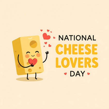 A cheerful cartoon cheese wedge with a heart and smiling face, surrounded by small red hearts, celebrates National Cheese Lovers Day with festive text. Perfect for food-related conの素材