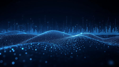 Abstract blue digital landscape with glowing particlesの素材