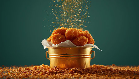 Golden bucket filled with chicken nuggets and glitterの素材