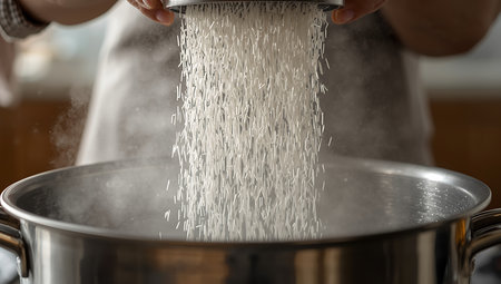 Closeup of female hands sprinkling flour in pan with boiling waterの素材