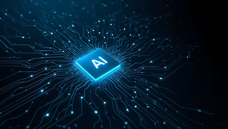 Artificial intelligence microchip and data flow on a futuristic circuit boardの素材