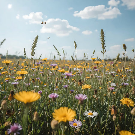 summer meadow with wildflowers and butterflies in retro styleの素材