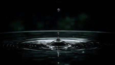 A single water droplet creates a crown splash and expanding ripples in a dark settingの素材