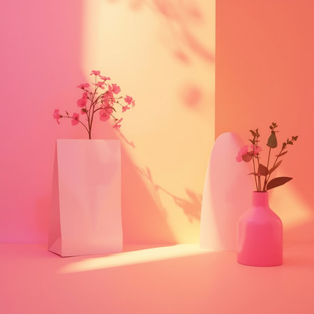 Minimalist still life composition with pink flowers and warm color gradient backgroundの素材