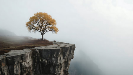 Lonely tree standing on cliff edge in foggy landscapeの素材