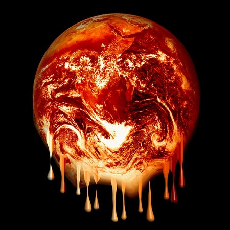 photoshopped image (based on a Nasa public domain image) of a red hot glowing, melting like wax earth isolated on a black background, global warming conceptの写真素材