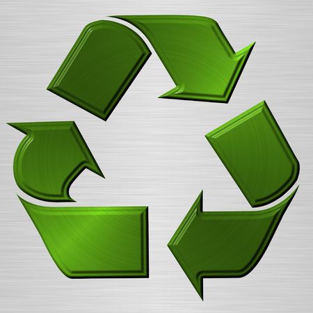 green recycling sign over brushed metallic backgroundの写真素材