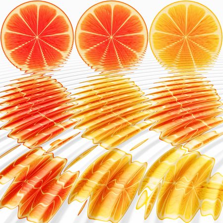 nine orange slices, submerged in water