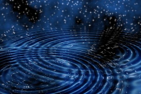 blue nebula and stars background with reflection and water ripples の写真素材
