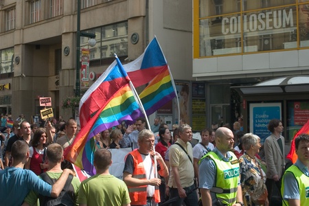 PRAGUE, CZECH REPUBLIC - AUGUST 13: Participants and spectators in the first Prague Pride Parade, a festival of tolerance, on August 13, 2011 in Prague, Czech Republicのeditorial素材