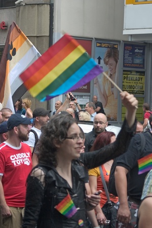 PRAGUE, CZECH REPUBLIC - AUGUST 13: Participants and spectators in the first Prague Pride Parade, a festival of tolerance, on August 13, 2011 in Prague, Czech Republicのeditorial素材