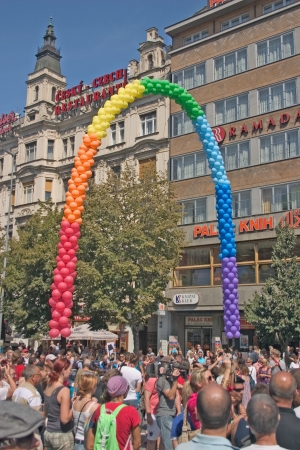 PRAGUE, CZECH REPUBLIC - AUGUST 18: Participants and spectators at the second Prague Pride Parade, on August 18, 2012 in Prague, Czech Republicのeditorial素材