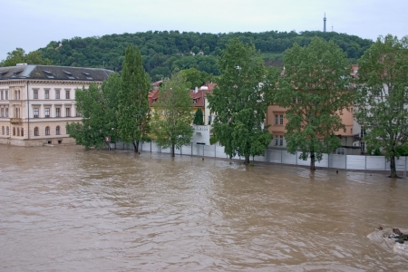 PRAGUE, CZECH REPUBLIC - JUNE 2: Flood barriers in Malastrana, Prague, are erected because of the flooding, on June 2, 2013 in Prague, Czech Republicのeditorial素材