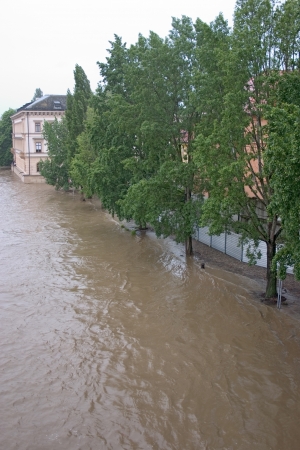PRAGUE, CZECH REPUBLIC - JUNE 2: Flood barriers in Malastrana, Prague, are erected because of the flooding, on June 2, 2013 in Prague, Czech Republicのeditorial素材