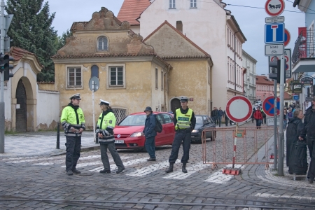 PRAGUE, CZECH REPUBLIC - JUNE 2: Policemen blocking off street in Malastrana, because of the flooding,  on June 2, 2013 in Prague, Czech Republicのeditorial素材