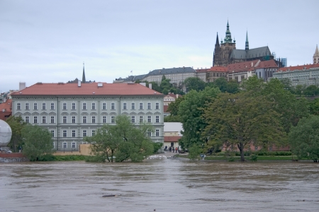 PRAGUE, CZECH REPUBLIC - JUNE 2: Policemen before the, because of the flooding, closed underground station Malastranska, on June 2, 2013 in Prague, Czech Republicのeditorial素材