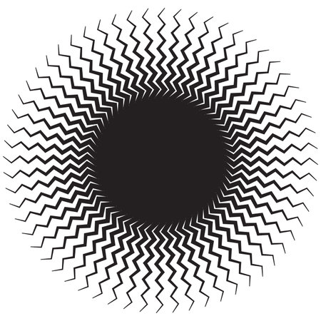Abstract zigzag pattern radiates outward from a central black circle creating a dynamic optical effect suitable for backgrounds and graphic design projects offering a modern and viのイラスト素材