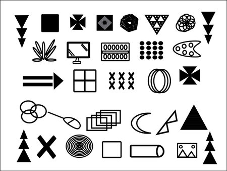 Geometric shapes arranged in a collection showcase abstract designs including squares triangles circles and other unique forms creating a visually engaging pattern suitable for artのイラスト素材