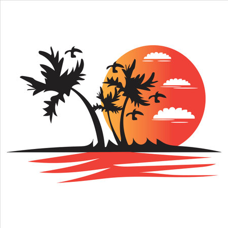 Tropical beach with palm trees and sunset silhouette over red ocean wavesのイラスト素材