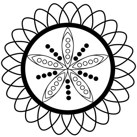 Mandala design features a symmetrical floral pattern with circular and petal shapes in black and white creating an abstract artistic ornament suitable for decorative printsのイラスト素材