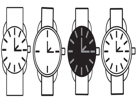 Wristwatches display various times in a clean line art style one watch is black while the others are white creating a visual representation of time management and punctuality for uのイラスト素材