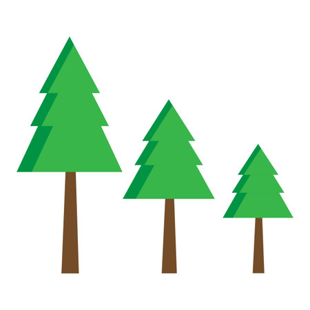 Trees stand in a row against a white backdrop showcasing simple stylized shapes and varying sizes suggesting growth or a forest landscape perfect for seasonal designs.のイラスト素材