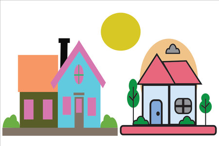Two cartoon houses stand side by side under a bright yellow sun showcasing simple colorful architecture and design representing a peaceful neighborhood and the concept of home.のイラスト素材