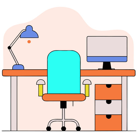 Office desk setup features a computer monitor chair and lamp in a clean minimalist style perfect for illustrating work from home or corporate environments showcasing simplicity andのイラスト素材