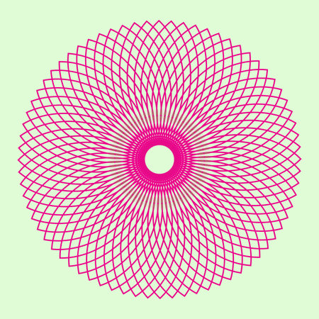 Mandala design features intricate geometric patterns with pink lines radiating from a central point creating a visually appealing abstract artwork perfect for backgrounds or decoraのイラスト素材